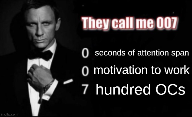 hooray... | seconds of attention span; motivation to work; hundred OCs | image tagged in they call me 007 | made w/ Imgflip meme maker