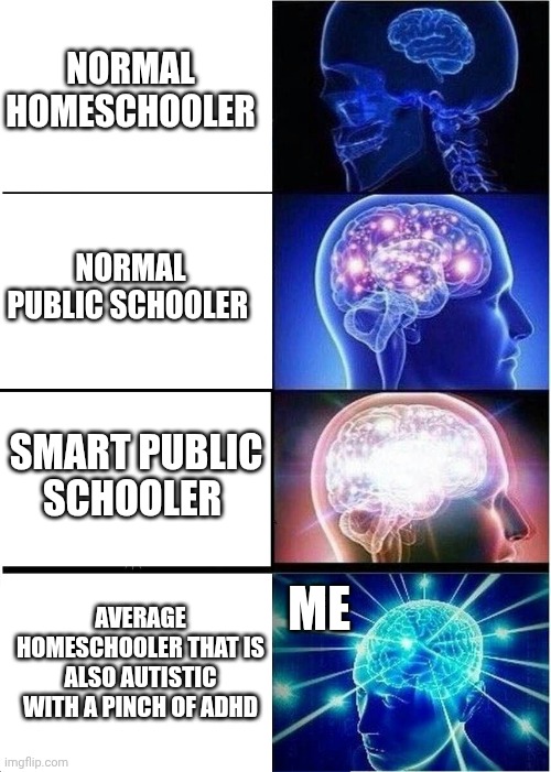 Expanding Brain | NORMAL HOMESCHOOLER; NORMAL PUBLIC SCHOOLER; SMART PUBLIC SCHOOLER; AVERAGE HOMESCHOOLER THAT IS ALSO AUTISTIC WITH A PINCH OF ADHD; ME | image tagged in memes,expanding brain | made w/ Imgflip meme maker