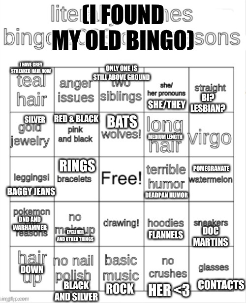 character development | (I FOUND MY OLD BINGO); ONLY ONE IS STILL ABOVE GROUND; I HAVE GREY STREAKED HAIR NOW; BI? LESBIAN? SHE/THEY; BATS; RED & BLACK; SILVER; MEDIUM LENGTH; POMEGRANATE; RINGS; BAGGY JEANS; DEADPAN HUMOR; DND AND WARHAMMER; FLANNELS; EYELINER AND OTHER THINGS; DOC MARTINS; DOWN; CONTACTS; BLACK AND SILVER; ROCK; HER <3 | image tagged in bingo,bruh | made w/ Imgflip meme maker