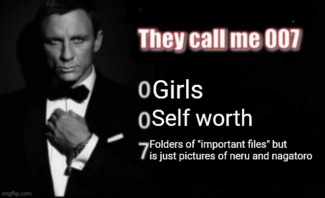 They call me 007 | Girls; Self worth; Folders of "important files" but is just pictures of neru and nagatoro | image tagged in they call me 007 | made w/ Imgflip meme maker