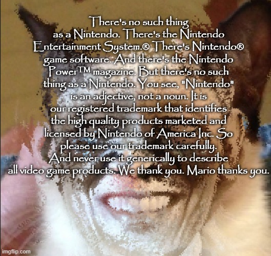 Cat obama | There's no such thing as a Nintendo. There's the Nintendo Entertainment System.® There's Nintendo® game software. And there's the Nintendo Power™ magazine. But there's no such thing as a Nintendo. You see, "Nintendo" is an adjective, not a noun. It is our registered trademark that identifies the high quality products marketed and licensed by Nintendo of America Inc. So please use our trademark carefully. And never use it generically to describe all video game products. We thank you. Mario thanks you. | image tagged in cat obama | made w/ Imgflip meme maker