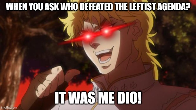 Dio destroys the left wing | WHEN YOU ASK WHO DEFEATED THE LEFTIST AGENDA? IT WAS ME DIO! | image tagged in but it was me dio | made w/ Imgflip meme maker