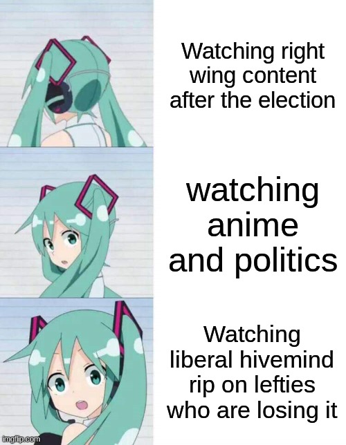REAL (post this to 5mind) | Watching right wing content after the election; watching anime and politics; Watching liberal hivemind rip on lefties who are losing it | image tagged in hatsune miku reaction meme | made w/ Imgflip meme maker
