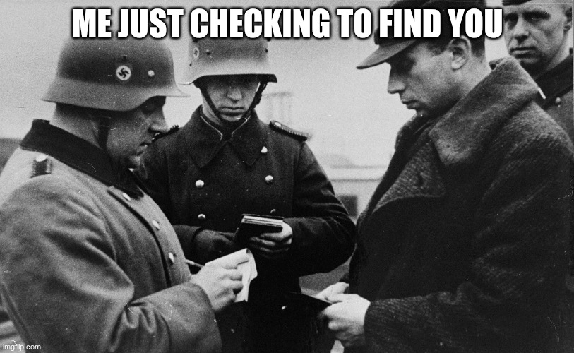 ME JUST CHECKING TO FIND YOU | image tagged in nazi checking papers | made w/ Imgflip meme maker