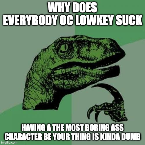 everybody gonna hate me for this one lol | WHY DOES EVERYBODY OC LOWKEY SUCK; HAVING A THE MOST BORING ASS CHARACTER BE YOUR THING IS KINDA DUMB | image tagged in memes,philosoraptor | made w/ Imgflip meme maker