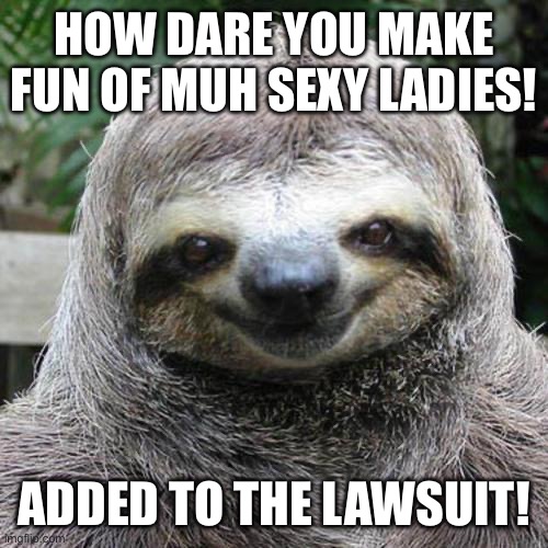 HOW DARE YOU MAKE FUN OF MUH SEXY LADIES! ADDED TO THE LAWSUIT! | image tagged in rape sloth | made w/ Imgflip meme maker