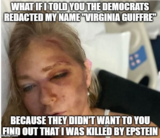 Virginia Giuffre hit by bus | WHAT IF I TOLD YOU THE DEMOCRATS REDACTED MY NAME "VIRGINIA GUIFFRE" BECAUSE THEY DIDN'T WANT TO YOU FIND OUT THAT I WAS KILLED BY EPSTEIN | image tagged in virginia giuffre hit by bus | made w/ Imgflip meme maker