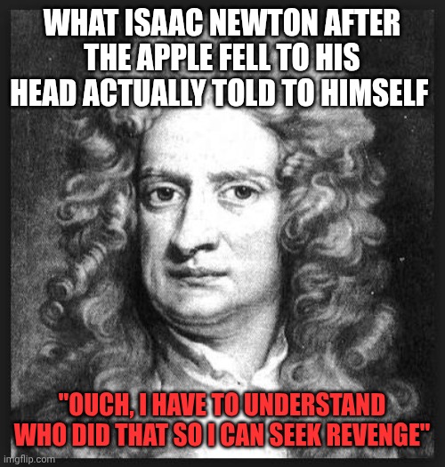 Sir Isaac Newton | WHAT ISAAC NEWTON AFTER THE APPLE FELL TO HIS HEAD ACTUALLY TOLD TO HIMSELF; "OUCH, I HAVE TO UNDERSTAND WHO DID THAT SO I CAN SEEK REVENGE" | image tagged in sir isaac newton | made w/ Imgflip meme maker