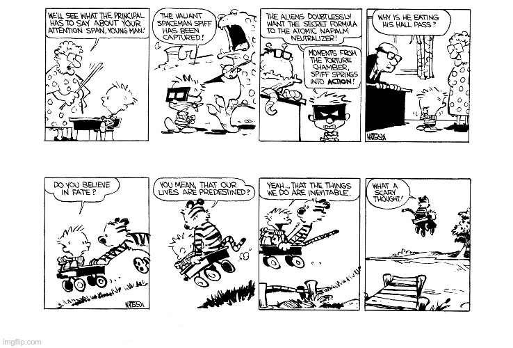 A Calvin & Hobbes “twofer”… | image tagged in calvin and hobbes,comics,twofer,school,spaceman spiff,wagon | made w/ Imgflip meme maker
