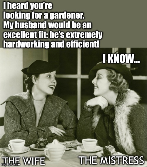 Wrong recommendation | I heard you’re looking for a gardener. 
My husband would be an excellent fit: he’s extremely hardworking and efficient! I KNOW…; THE MISTRESS; THE WIFE | image tagged in vintage gossip,marriage,memes,funny,love,betrayal | made w/ Imgflip meme maker
