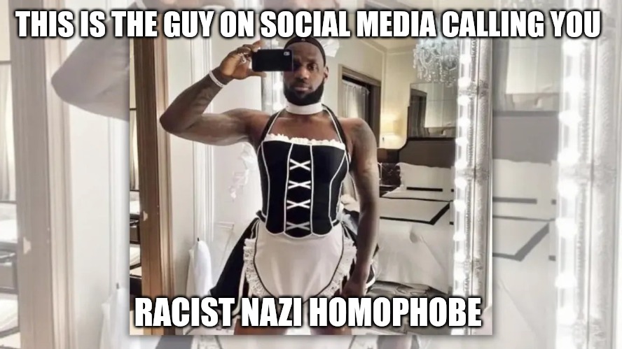 LeBron James | THIS IS THE GUY ON SOCIAL MEDIA CALLING YOU; RACIST NAZI HOMOPHOBE | image tagged in lebron james | made w/ Imgflip meme maker