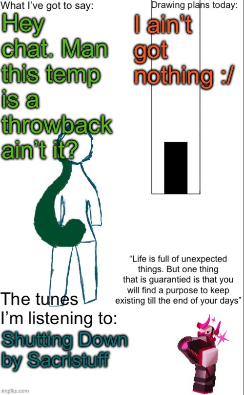 Bro duc duc is quitting forsaken :( | Hey chat. Man this temp is a throwback ain’t it? I ain’t got nothing :/; Shutting Down by Sacristuff | image tagged in subspacekobold temp | made w/ Imgflip meme maker