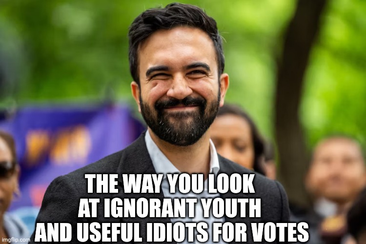 Zohran Mamdani grinning | THE WAY YOU LOOK AT IGNORANT YOUTH
 AND USEFUL IDIOTS FOR VOTES | image tagged in zohran mamdani grinning | made w/ Imgflip meme maker