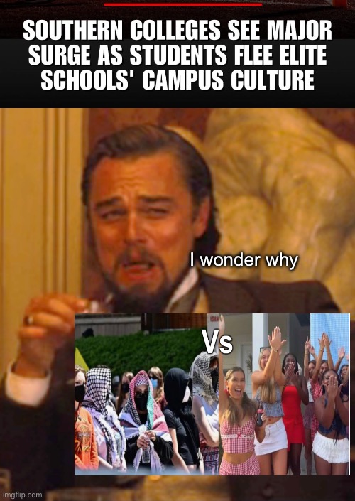 The students on the right look much happier | I wonder why | image tagged in memes,laughing leo,politics lol,derp | made w/ Imgflip meme maker