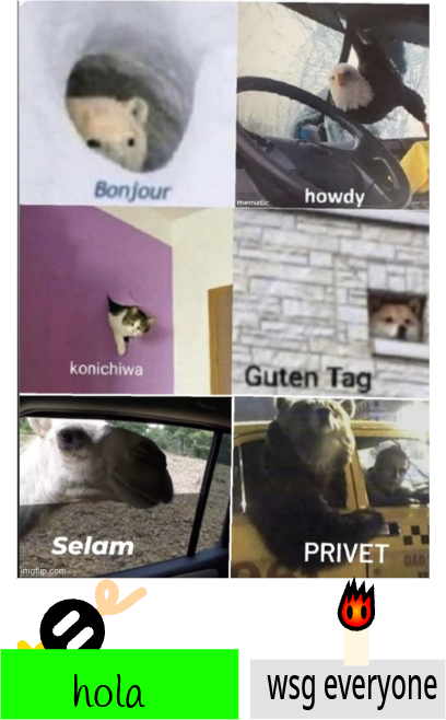 bonjour howdy konichiwa guten tag selam privet hola wsg everyone Blank Meme Template