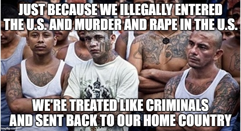 Ms 13 | JUST BECAUSE WE ILLEGALLY ENTERED THE U.S. AND MURDER AND RAPE IN THE U.S. WE'RE TREATED LIKE CRIMINALS AND SENT BACK TO OUR HOME COUNTRY | image tagged in ms 13 | made w/ Imgflip meme maker
