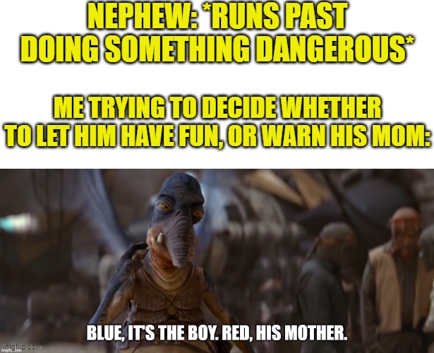 We'll Let Fate Decide | NEPHEW: *RUNS PAST DOING SOMETHING DANGEROUS*; ME TRYING TO DECIDE WHETHER TO LET HIM HAVE FUN, OR WARN HIS MOM: | image tagged in we'll let fate decide,star wars,starwars,family,uncle | made w/ Imgflip meme maker