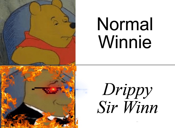 Drip pt. 19 | Normal Winnie; Drippy Sir Winn | image tagged in memes,tuxedo winnie the pooh,funny,fun,drip,stop reading the tags | made w/ Imgflip meme maker
