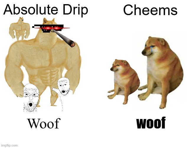 Drip pt. 20 | Absolute Drip; Cheems; Woof; woof | image tagged in memes,buff doge vs cheems,funny,fun,drip,stop reading the tags | made w/ Imgflip meme maker
