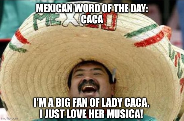 mexican word of the day | MEXICAN WORD OF THE DAY:
CACA; I’M A BIG FAN OF LADY CACA,
I JUST LOVE HER MUSICA! | image tagged in mexican word of the day | made w/ Imgflip meme maker