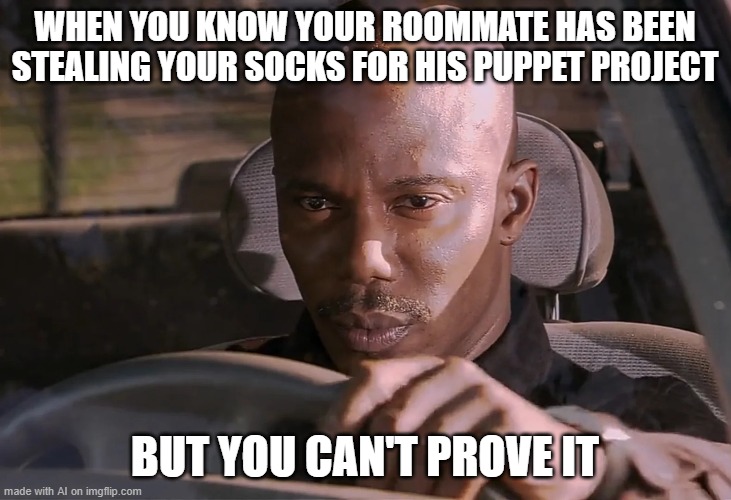 Sock Puppets | WHEN YOU KNOW YOUR ROOMMATE HAS BEEN STEALING YOUR SOCKS FOR HIS PUPPET PROJECT; BUT YOU CAN'T PROVE IT | image tagged in doakes | made w/ Imgflip meme maker