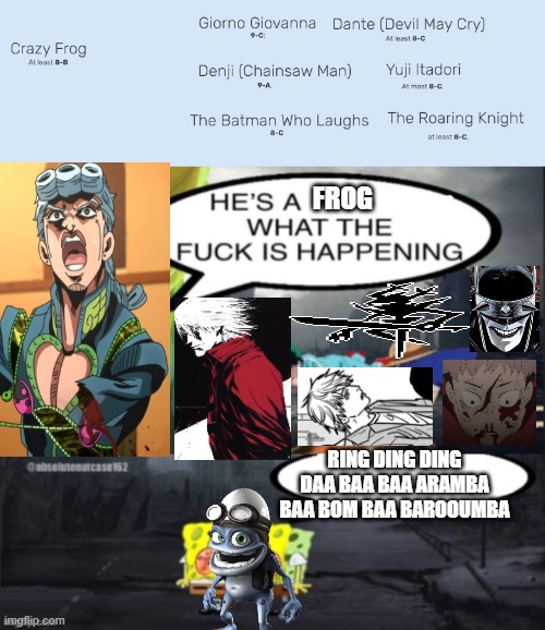 FROG; RING DING DING DAA BAA BAA ARAMBA BAA BOM BAA BAROOUMBA | image tagged in hes a sponge wtf,jojo's bizarre adventure,devil may cry,deltarune,chainsaw man,jjk | made w/ Imgflip meme maker