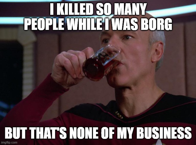 Jean Luc None of His business | I KILLED SO MANY PEOPLE WHILE I WAS BORG; BUT THAT'S NONE OF MY BUSINESS | image tagged in picard tea | made w/ Imgflip meme maker