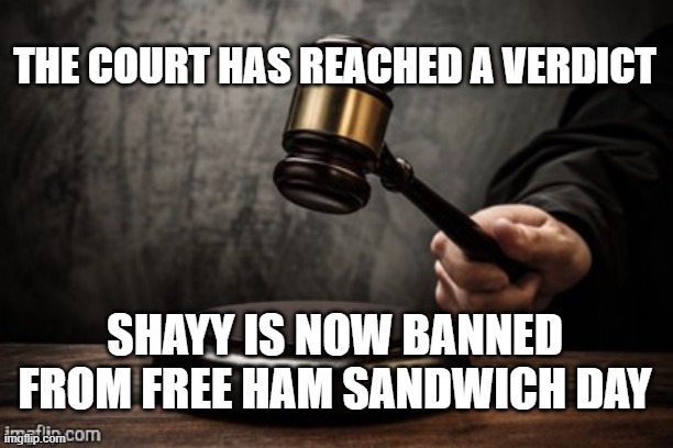 Court | THE COURT HAS REACHED A VERDICT; SHAYY IS NOW BANNED FROM FREE HAM SANDWICH DAY | image tagged in court | made w/ Imgflip meme maker