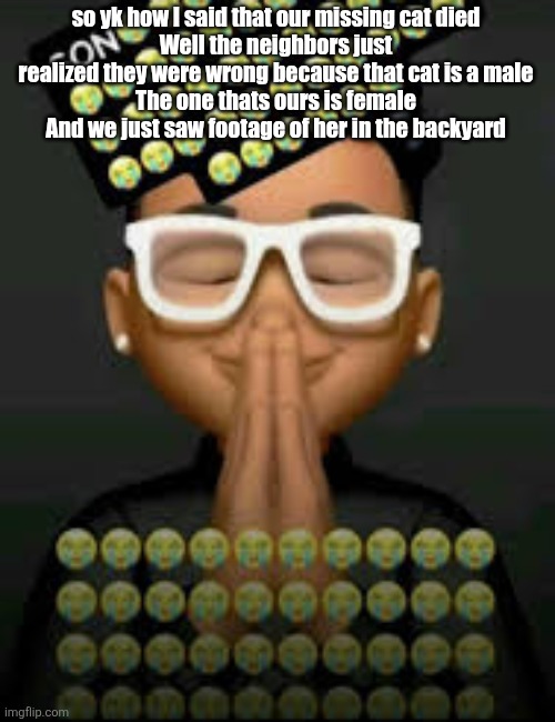 People are too quick to say something these days?✌️ | so yk how I said that our missing cat died
Well the neighbors just realized they were wrong because that cat is a male
The one thats ours is female
And we just saw footage of her in the backyard | image tagged in i'm crine made by our glorious king bigjim998 | made w/ Imgflip meme maker