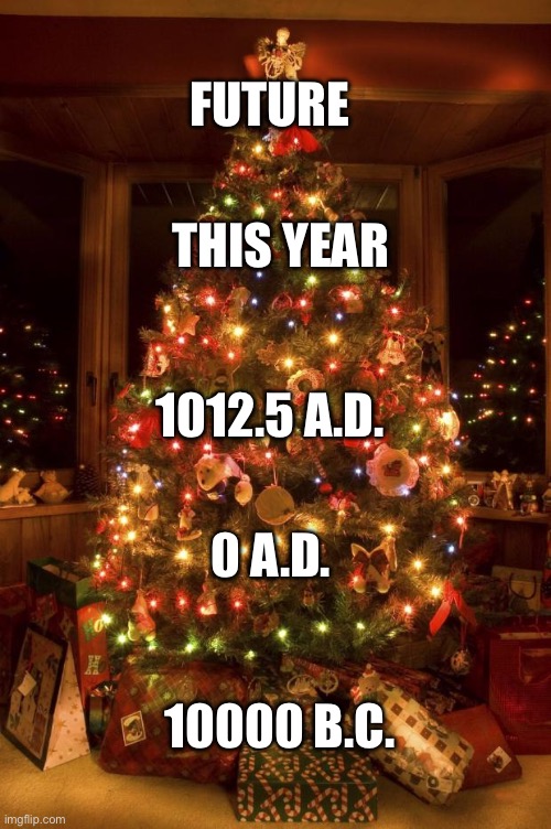 Truth. | FUTURE; THIS YEAR; 1012.5 A.D. 0 A.D. 10000 B.C. | image tagged in christmas tree | made w/ Imgflip meme maker