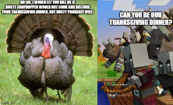 NO LOL. I WOULD LET YOU KILL ME IF DUSTY CROPHOPPER WOULD NOT COME AND DISTURB YOUR THANKSGIVING DINNER, BUT DUSTY PROBABLY WILL! CAN YOU BE OUR THANKSGIVING DINNER? | image tagged in memes,turkey,illagers | made w/ Imgflip meme maker