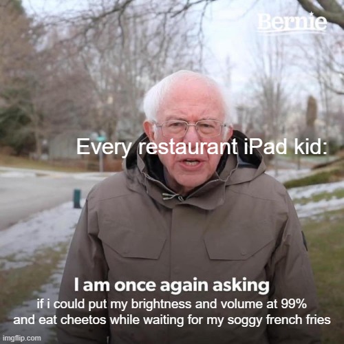 IPad kids be like: | Every restaurant iPad kid:; if i could put my brightness and volume at 99% and eat cheetos while waiting for my soggy french fries | image tagged in memes,bernie i am once again asking for your support,funny,ipad kids,true,relatable | made w/ Imgflip meme maker