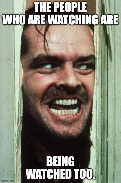 Here's Johnny Meme | THE PEOPLE WHO ARE WATCHING ARE; BEING WATCHED TOO. | image tagged in memes,here's johnny | made w/ Imgflip meme maker