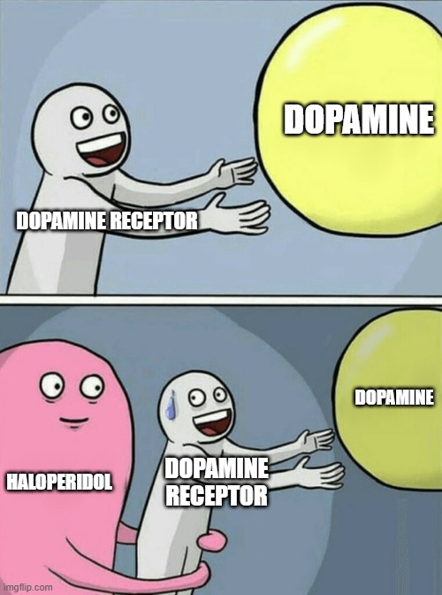 Antipsychotics | DOPAMINE; DOPAMINE RECEPTOR; DOPAMINE; HALOPERIDOL; DOPAMINE RECEPTOR | image tagged in memes,running away balloon | made w/ Imgflip meme maker