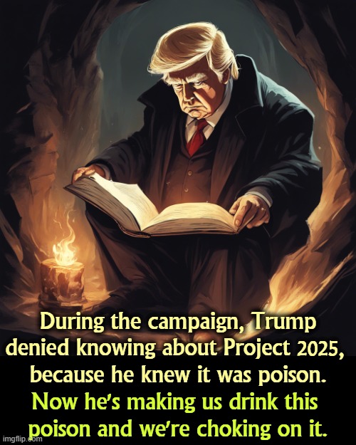During the campaign, Trump denied knowing about Project 2025, 
because he knew it was poison. Now he's making us drink this 
poison and we're choking on it. | image tagged in trump,liar,project,poison,choking | made w/ Imgflip meme maker