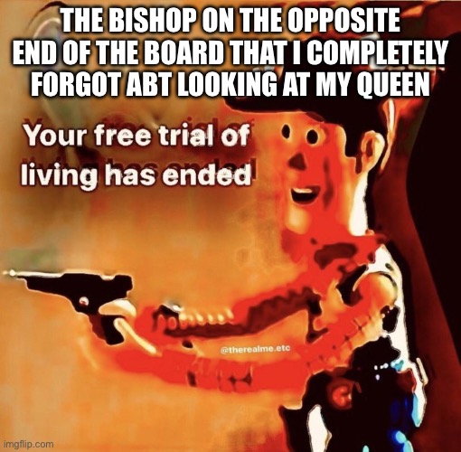 Like WHAT | THE BISHOP ON THE OPPOSITE END OF THE BOARD THAT I COMPLETELY FORGOT ABT LOOKING AT MY QUEEN | image tagged in your free trial of living has ended,chess | made w/ Imgflip meme maker