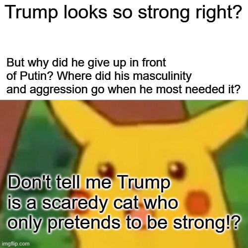 Surprised Pikachu | Trump looks so strong right? But why did he give up in front of Putin? Where did his masculinity and aggression go when he most needed it? Don't tell me Trump is a scaredy cat who only pretends to be strong!? | image tagged in memes,surprised pikachu | made w/ Imgflip meme maker