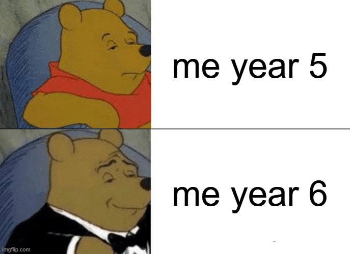 Tuxedo Winnie The Pooh | me year 5; me year 6 | image tagged in memes,tuxedo winnie the pooh | made w/ Imgflip meme maker