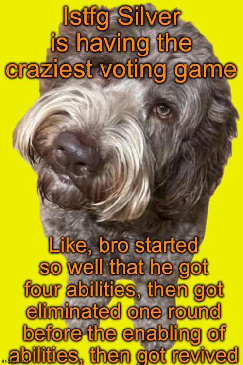 Anyways gn y’all | Istfg Silver is having the craziest voting game; Like, bro started so well that he got four abilities, then got eliminated one round before the enabling of abilities, then got revived | image tagged in northers dog transparent | made w/ Imgflip meme maker