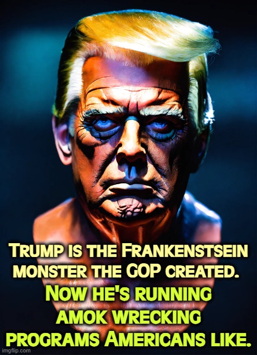 Trump is the Frankenstsein monster the GOP created. Now he's running amok wrecking programs Americans like. | image tagged in trump,frankenstein,republicans,gop,destruction,wreck | made w/ Imgflip meme maker