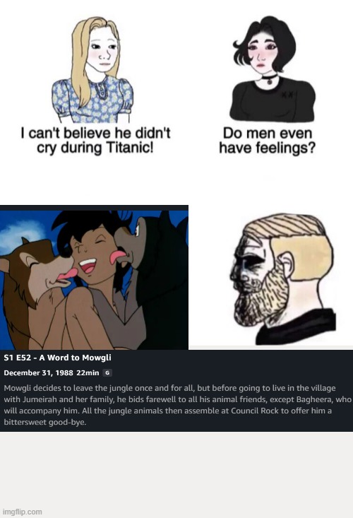 1989 The Jungle Book: Aventures Of Mowgli | Final Episode | image tagged in chad crying,the jungle book,animals,anime,emotional | made w/ Imgflip meme maker
