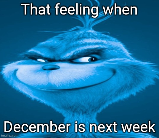 This meme is 2024 | That feeling when; December is next week | image tagged in blue grinch | made w/ Imgflip meme maker