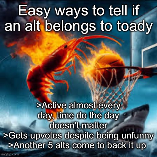 Most gimmick alts go online in very specific occasions | Easy ways to tell if an alt belongs to toady; >Active almost every day, time do the day doesn’t matter
>Gets upvotes despite being unfunny
>Another 5 alts come to back it up | image tagged in ballin shrimp,msmg | made w/ Imgflip meme maker