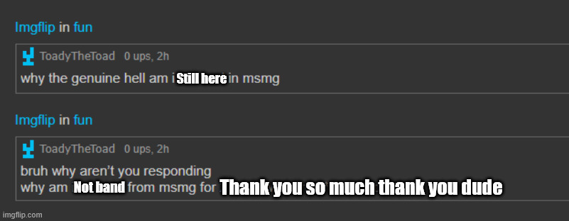 Packwatch | Still here; Thank you so much thank you dude; Not band | image tagged in irony | made w/ Imgflip meme maker