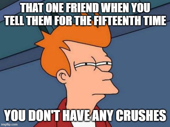 Futurama Fry Meme | THAT ONE FRIEND WHEN YOU TELL THEM FOR THE FIFTEENTH TIME; YOU DON'T HAVE ANY CRUSHES | image tagged in memes,futurama fry | made w/ Imgflip meme maker