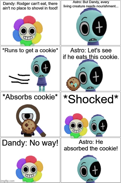 A Kirby: Right Back at Ya! Scene with Dandy's World characters.mp3 | *Absorbs cookie*; *Shocked*; Dandy: No way! Astro: He absorbed the cookie! | image tagged in comic,dandy,dandicus dancifer,astro,rodger,dandy's world | made w/ Imgflip meme maker