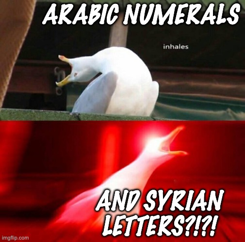 Inhaling Seagull  | ARABIC NUMERALS AND SYRIAN LETTERS?!?! | image tagged in inhaling seagull | made w/ Imgflip meme maker