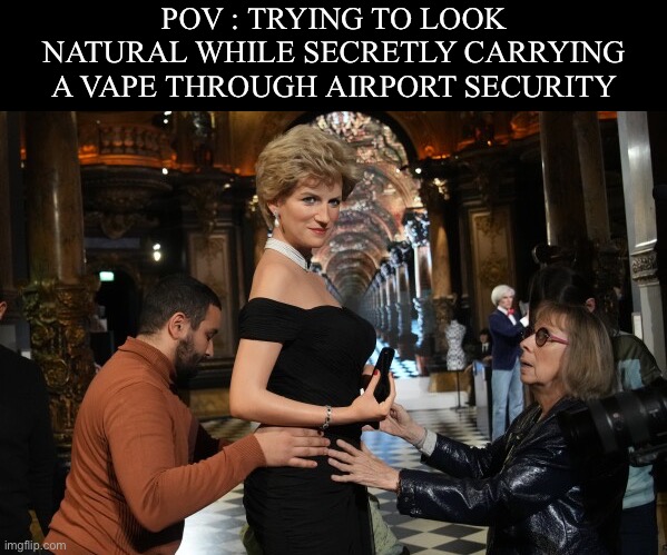 Act Cool (Diana wax figure )  at airport | POV : TRYING TO LOOK NATURAL WHILE SECRETLY CARRYING A VAPE THROUGH AIRPORT SECURITY | image tagged in diana,airport,security,memes,funny memes | made w/ Imgflip meme maker