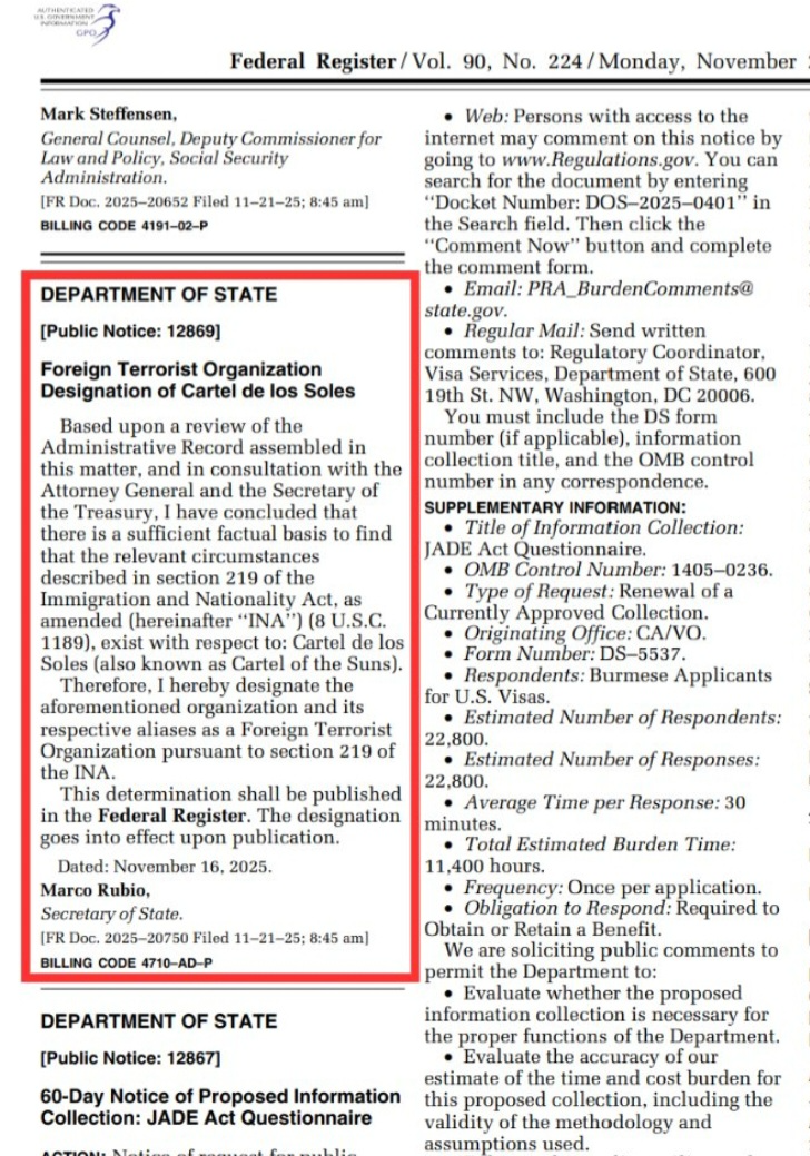 FR v90 Designation of Cartel de los Soles as terrorist organizat Blank Meme Template