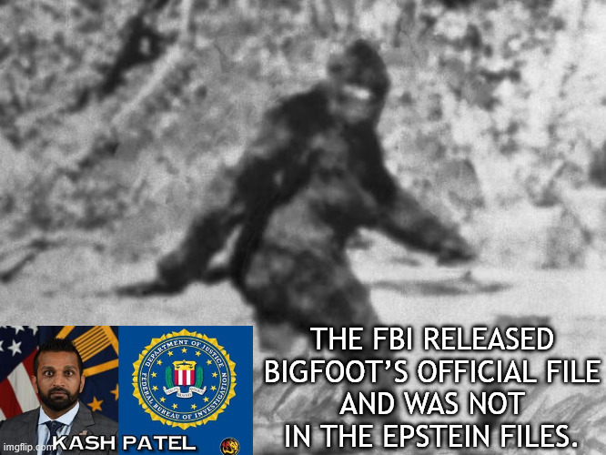 FBI Released Bigfoot's official file | THE FBI RELEASED BIGFOOT’S OFFICIAL FILE
AND WAS NOT IN THE EPSTEIN FILES. | image tagged in fbi released bigfoot's official file,bigfoot didn't ever meet epstein,bigfoot's dead,maga mystery | made w/ Imgflip meme maker